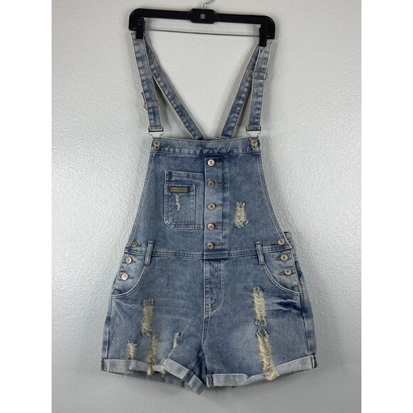 Fubu Jeans Women Large Denim Overall Shorts Light Wash Distressed Y2K - Picture 1 of 9